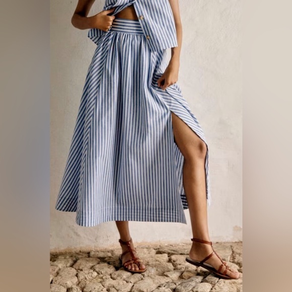 Sezane Dresses & Skirts - Sézane Blue White Striped Linen Cotton Maxi Skirt with Slit NWT US 6